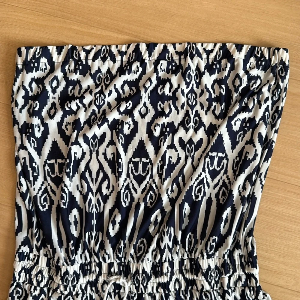 STRAPLESS TRIBAL PRINT NAVY WHITE ROMPER TIE WAIST SIZE L/XL